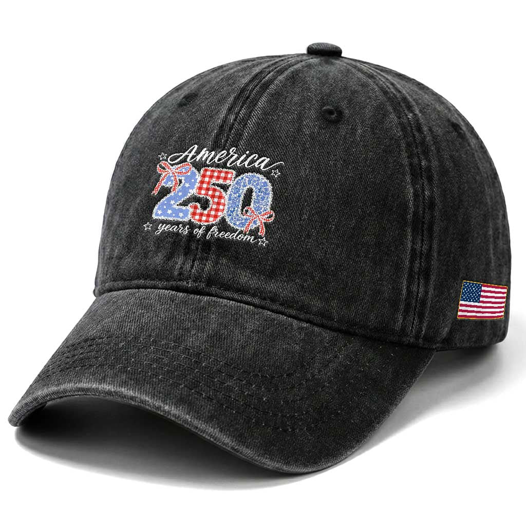 Girly America 250 Years Of Freedom Washed Cotton Baseball Cap 4th of July Coquette Bow