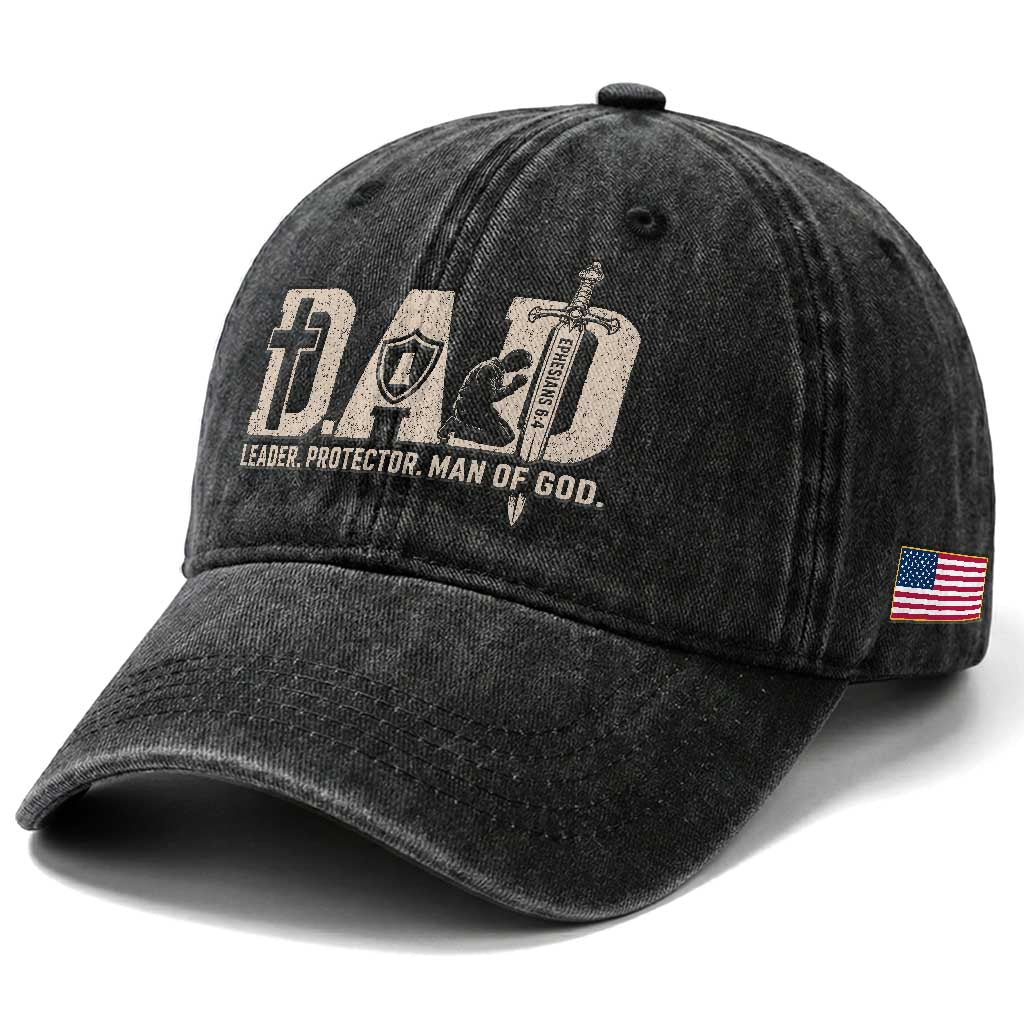 Christian Dad Washed Cotton Baseball Cap Father Leader Protector Man Of God TS11 Print Your Wear