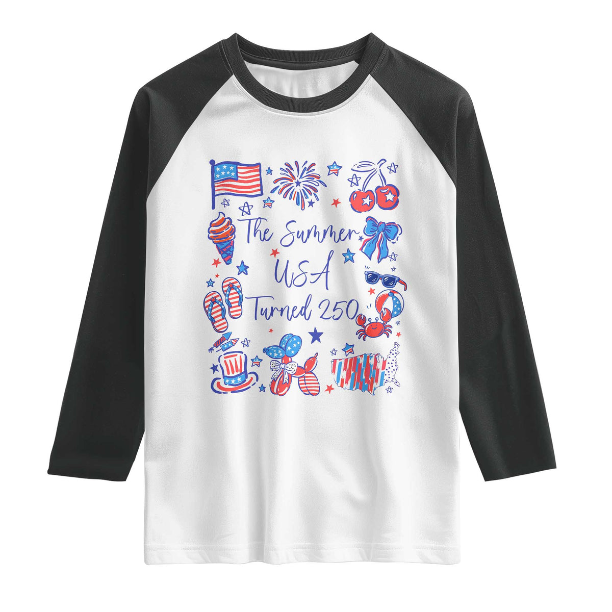 The Summer USA Turned 250 1776 2026 4th of July Raglan Shirt TS11 White Black Print Your Wear