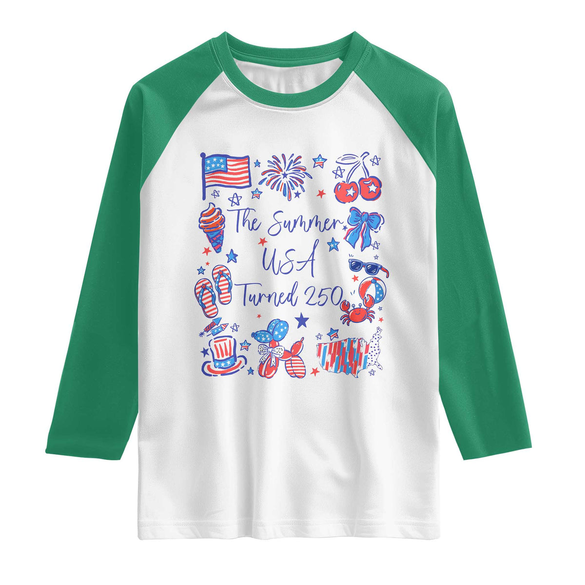 The Summer USA Turned 250 1776 2026 4th of July Raglan Shirt TS11 White Kelly Green Print Your Wear