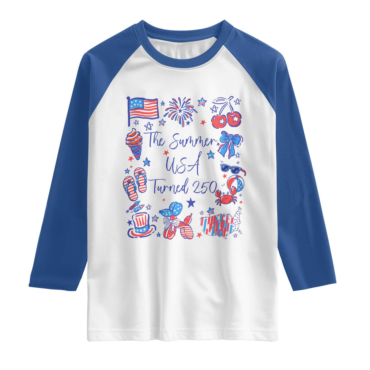 The Summer USA Turned 250 1776 2026 4th of July Raglan Shirt TS11 White Royal Print Your Wear