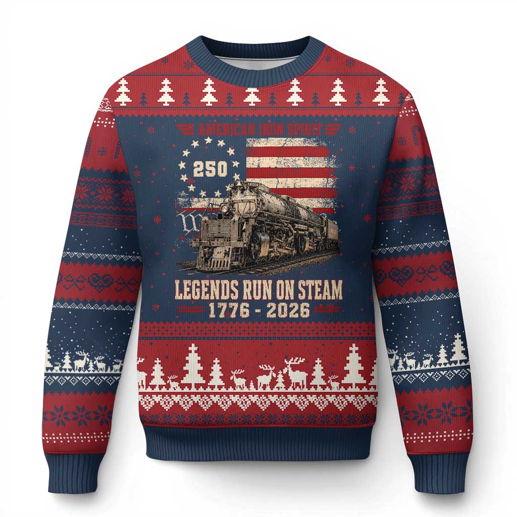 Train USA 250th Anniversary Ugly Christmas Sweater American Iron Spirit Steam Locomotive Railroad Train Engine TS11 Navy Red Print Your Wear