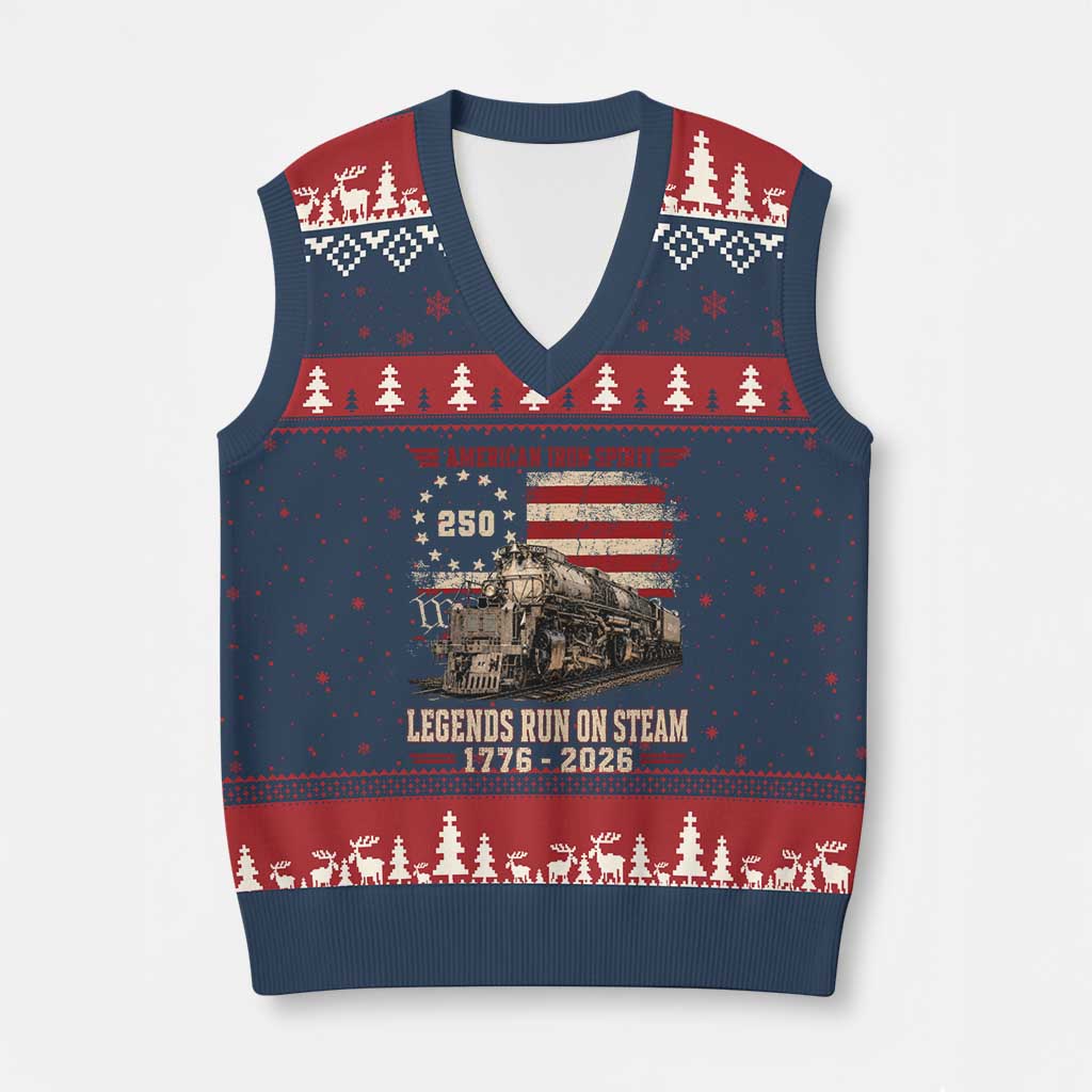 Train USA 250th Anniversary V-Neck Knit Sweater Vest American Iron Spirit Steam Locomotive Railroad Train Engine TS11 Navy Red Print Your Wear