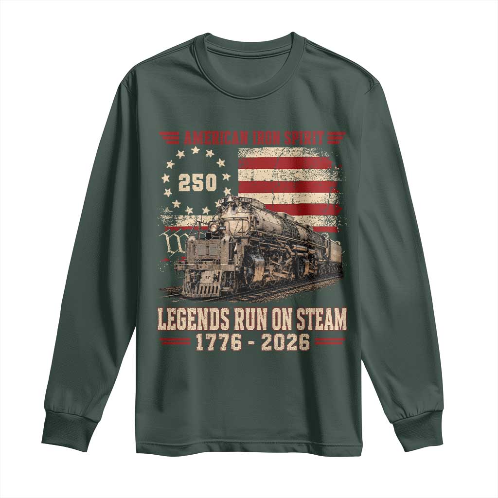 Train USA 250th Anniversary Long Sleeve Shirt American Iron Spirit Steam Locomotive Railroad Train Engine TS11 Dark Forest Green Print Your Wear
