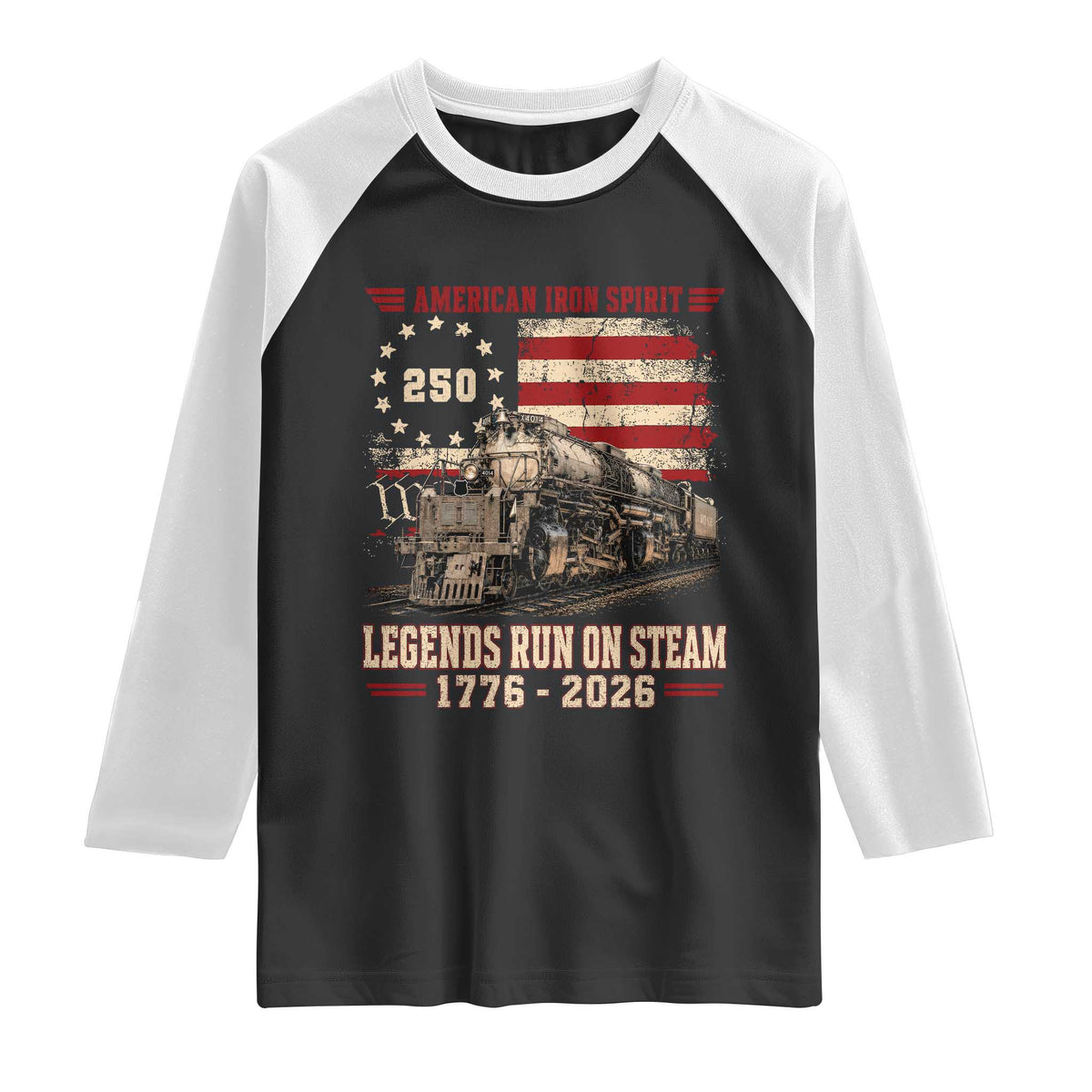 Train USA 250th Anniversary Raglan Shirt American Iron Spirit Steam Locomotive Railroad Train Engine TS11 Black White Print Your Wear