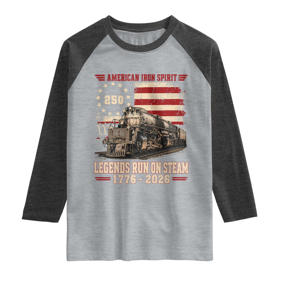 Train USA 250th Anniversary Raglan Shirt American Iron Spirit Steam Locomotive Railroad Train Engine TS11 Heather Gray Heather Charcoal Print Your Wear