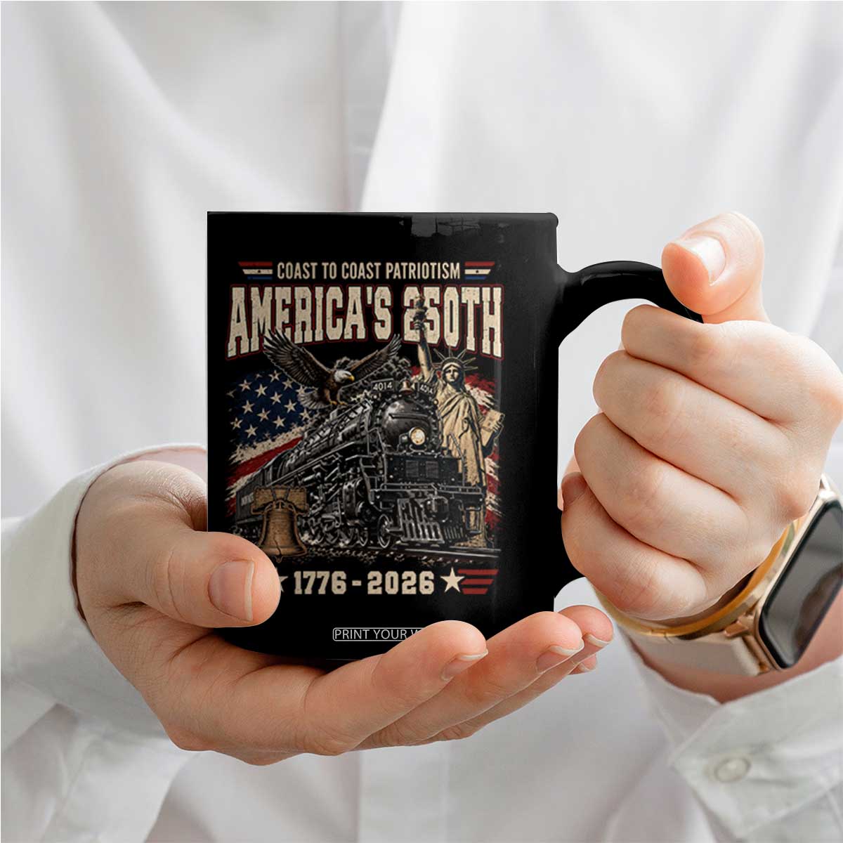 Steam Locomotive Train USA 250th Anniversary Coffee Mug Coast To Coast Patriotism Liberty American Flag TS11 Print Your Wear