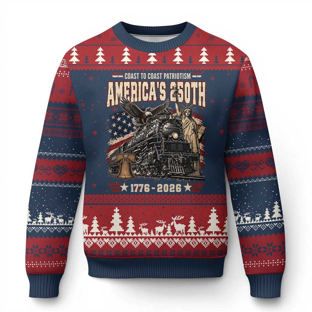Steam Locomotive Train USA 250th Anniversary Ugly Christmas Sweater Coast To Coast Patriotism Liberty American Flag TS11 Navy Red Print Your Wear