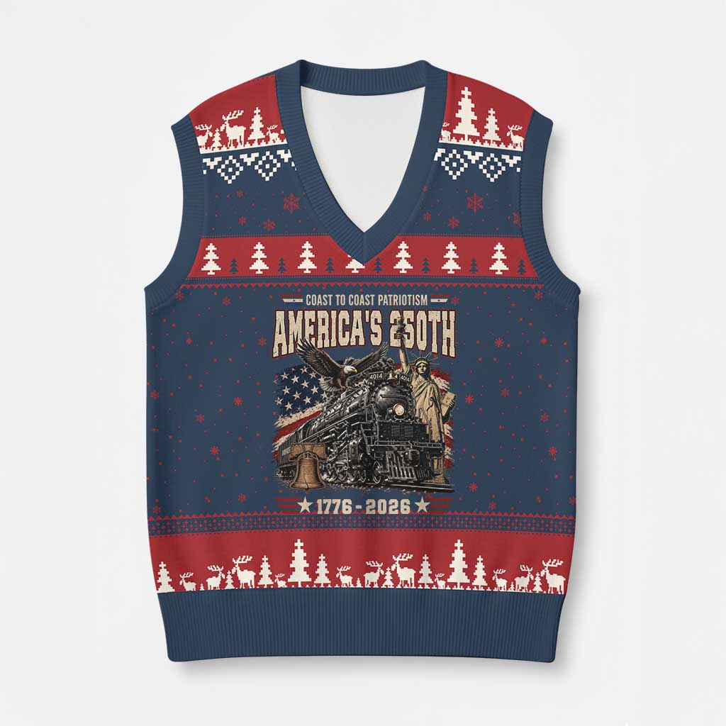 Steam Locomotive Train USA 250th Anniversary V-Neck Knit Sweater Vest Coast To Coast Patriotism Liberty American Flag TS11 Navy Red Print Your Wear
