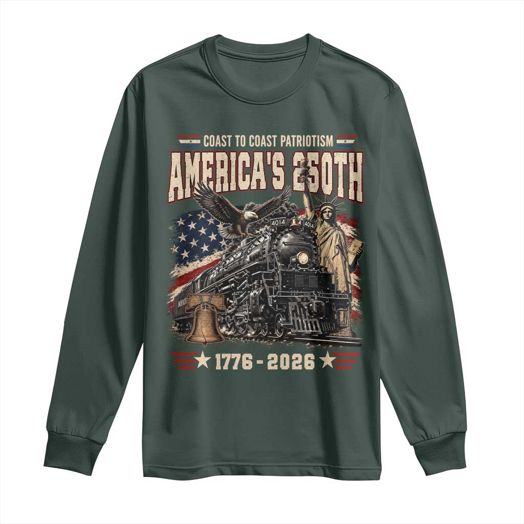 Steam Locomotive Train USA 250th Anniversary Long Sleeve Shirt Coast To Coast Patriotism Liberty American Flag TS11 Dark Forest Green Print Your Wear