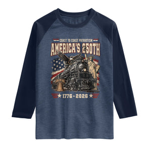 Steam Locomotive Train USA 250th Anniversary Raglan Shirt Coast To Coast Patriotism Liberty American Flag TS11 Heather Denim Navy Print Your Wear