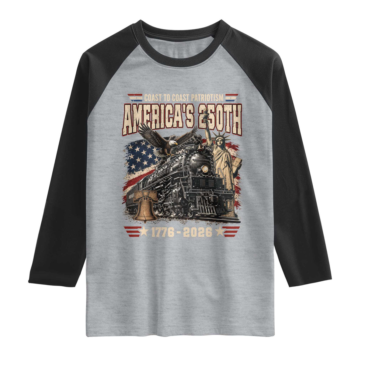 Steam Locomotive Train USA 250th Anniversary Raglan Shirt Coast To Coast Patriotism Liberty American Flag TS11 Heather Gray Black Print Your Wear