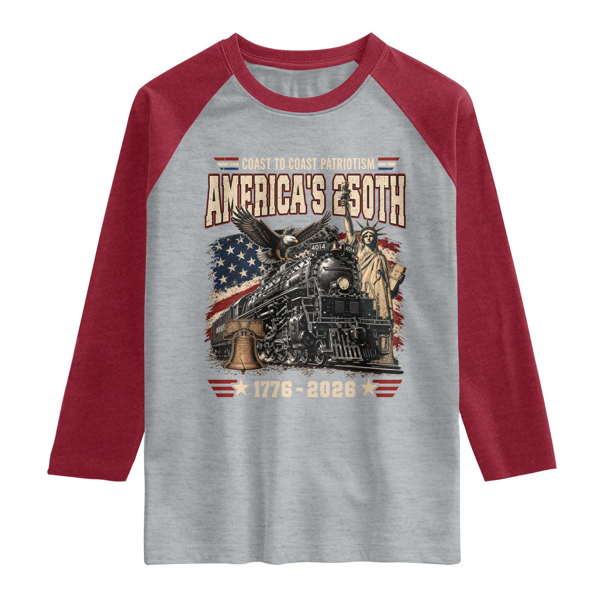 Steam Locomotive Train USA 250th Anniversary Raglan Shirt Coast To Coast Patriotism Liberty American Flag TS11 Heather Gray Heather Red Print Your Wear