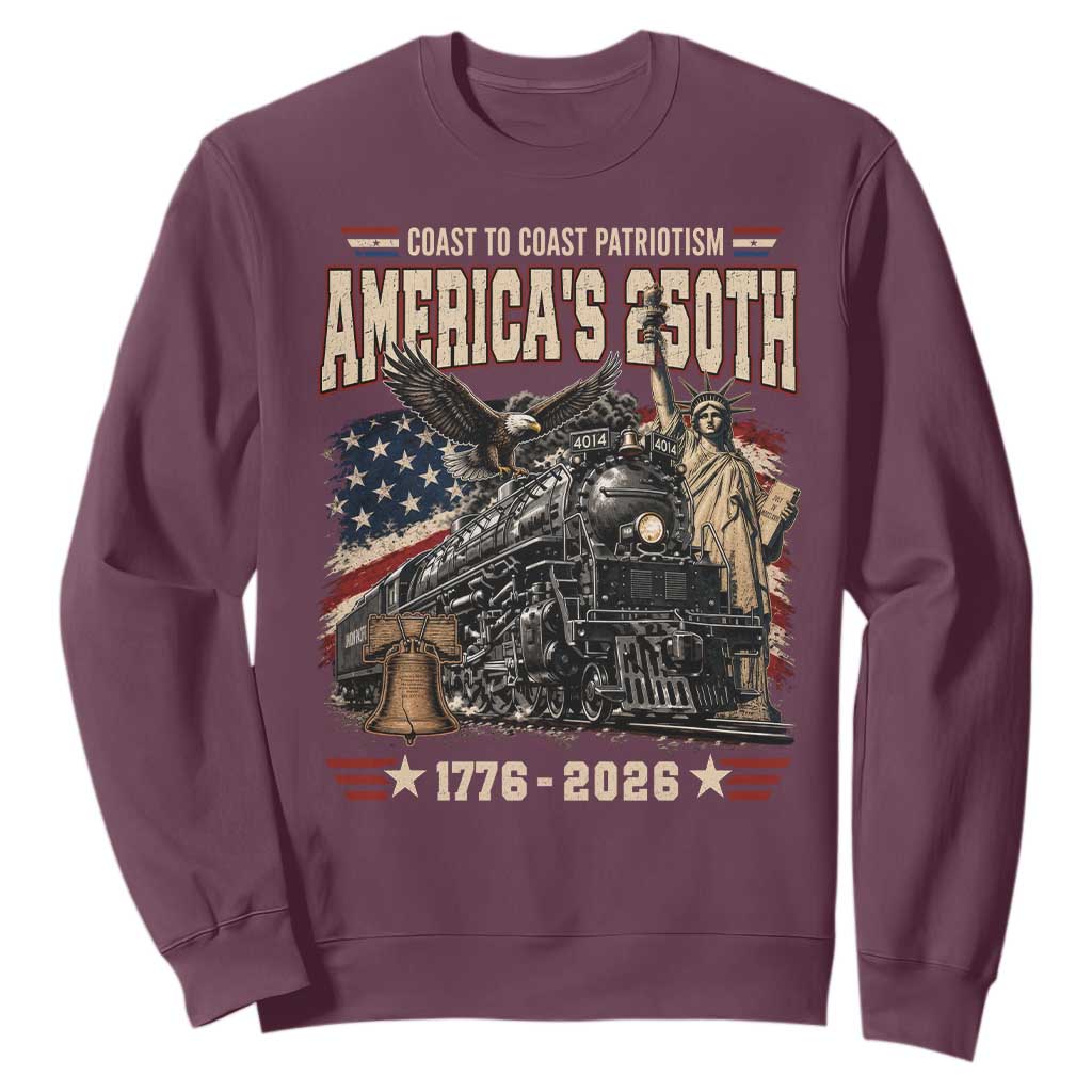 Steam Locomotive Train USA 250th Anniversary Sweatshirt Coast To Coast Patriotism Liberty American Flag TS11 Maroon Print Your Wear
