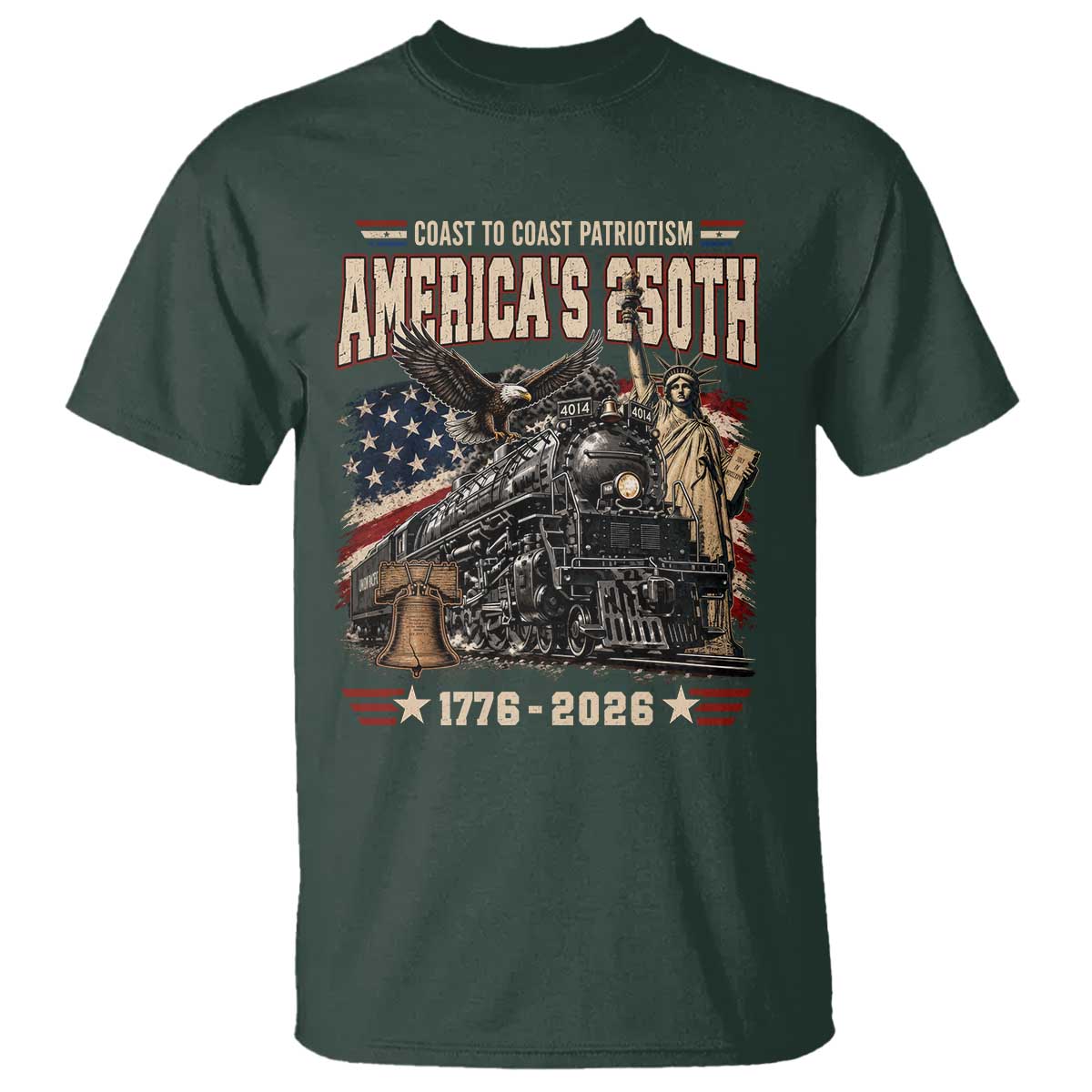 Steam Locomotive Train USA 250th Anniversary T Shirt Coast To Coast Patriotism Liberty American Flag TS11 Dark Forest Green Print Your Wear