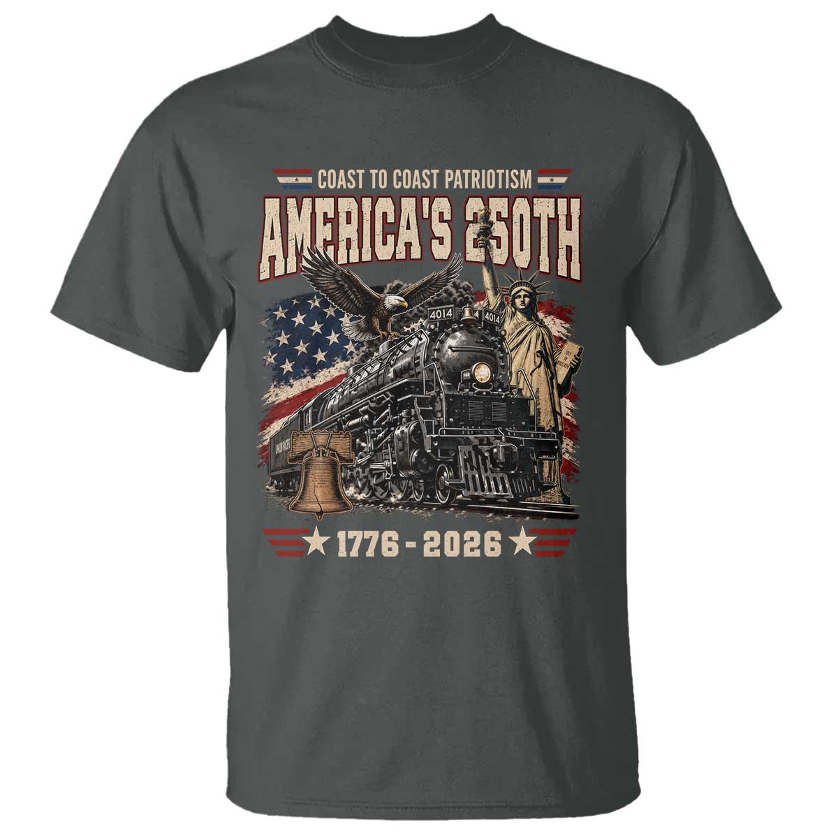 Steam Locomotive Train USA 250th Anniversary T Shirt Coast To Coast Patriotism Liberty American Flag TS11 Dark Heather Print Your Wear