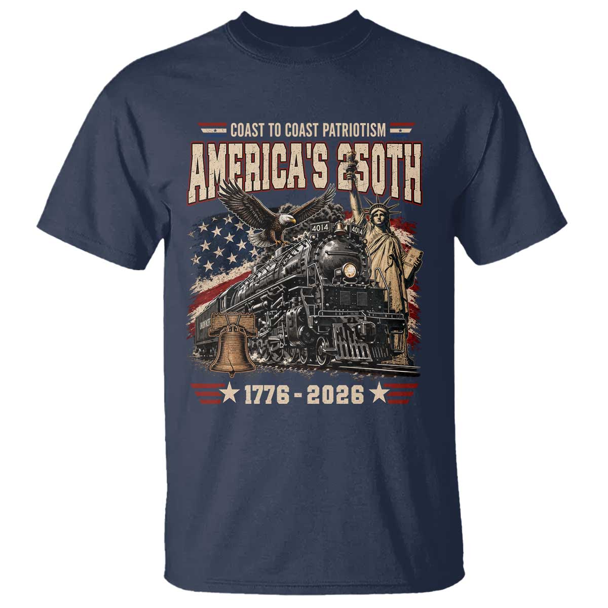 Steam Locomotive Train USA 250th Anniversary T Shirt Coast To Coast Patriotism Liberty American Flag TS11 Navy Print Your Wear