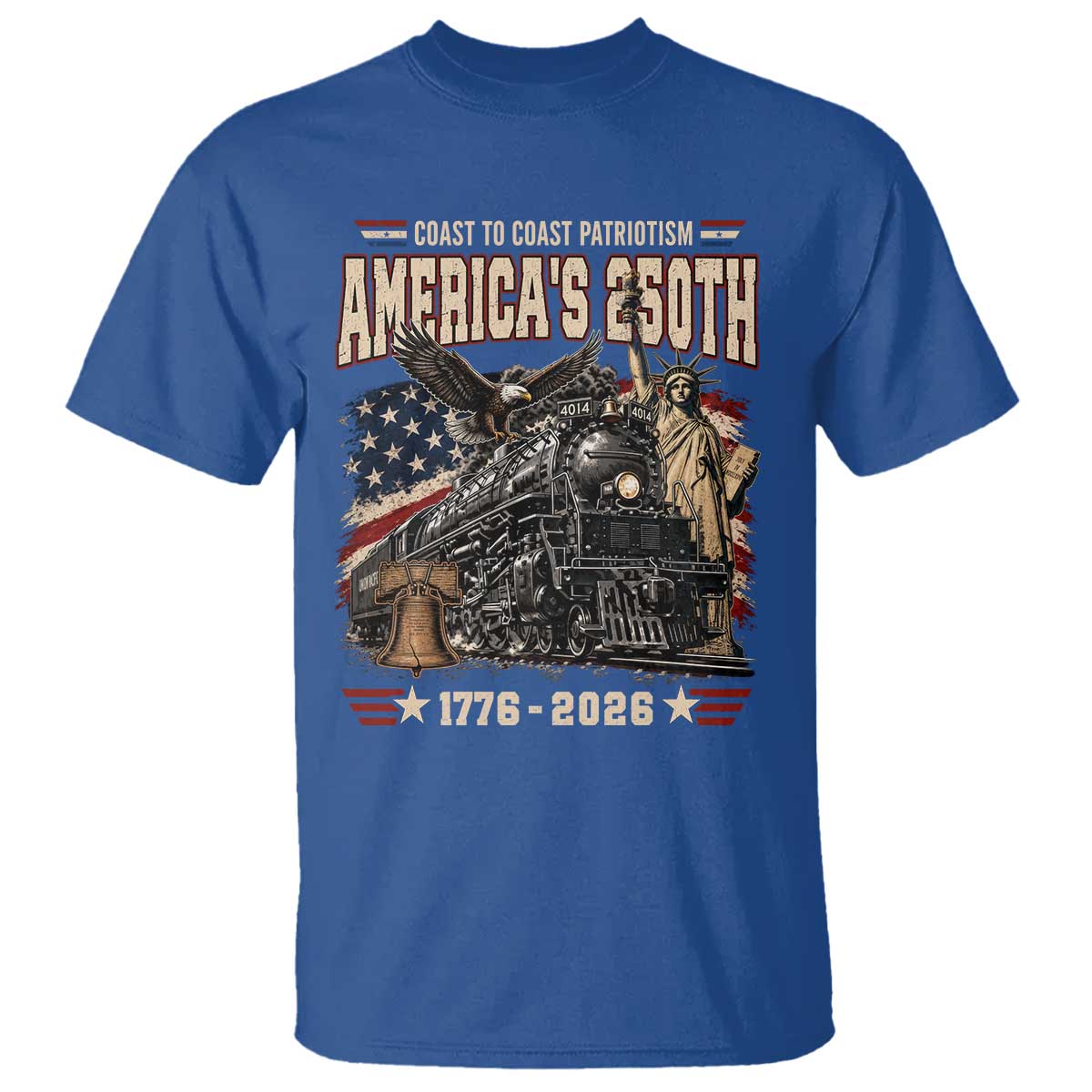 Steam Locomotive Train USA 250th Anniversary T Shirt Coast To Coast Patriotism Liberty American Flag TS11 Royal Blue Print Your Wear