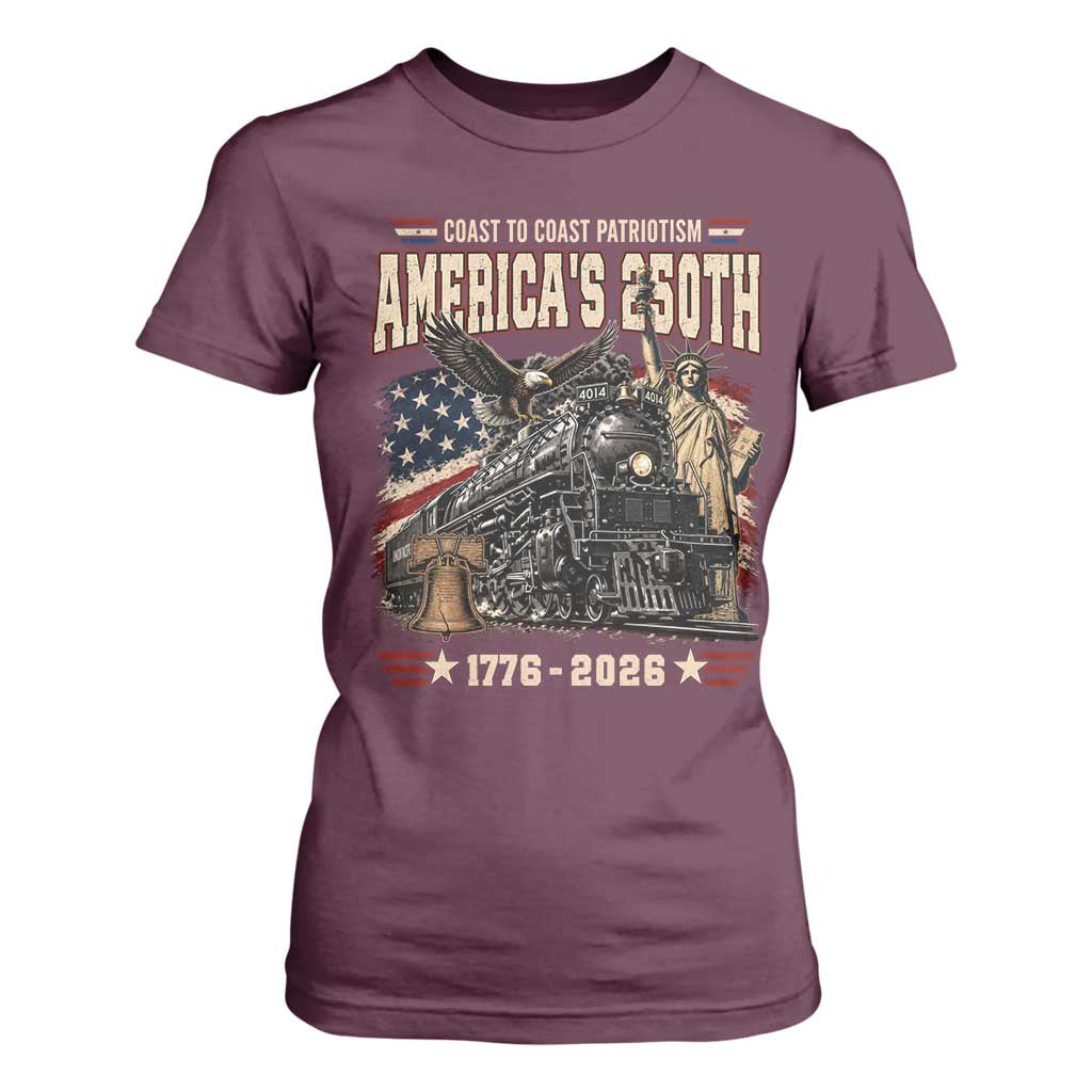 Steam Locomotive Train USA 250th Anniversary T Shirt For Women Coast To Coast Patriotism Liberty American Flag TS11 Maroon Print Your Wear