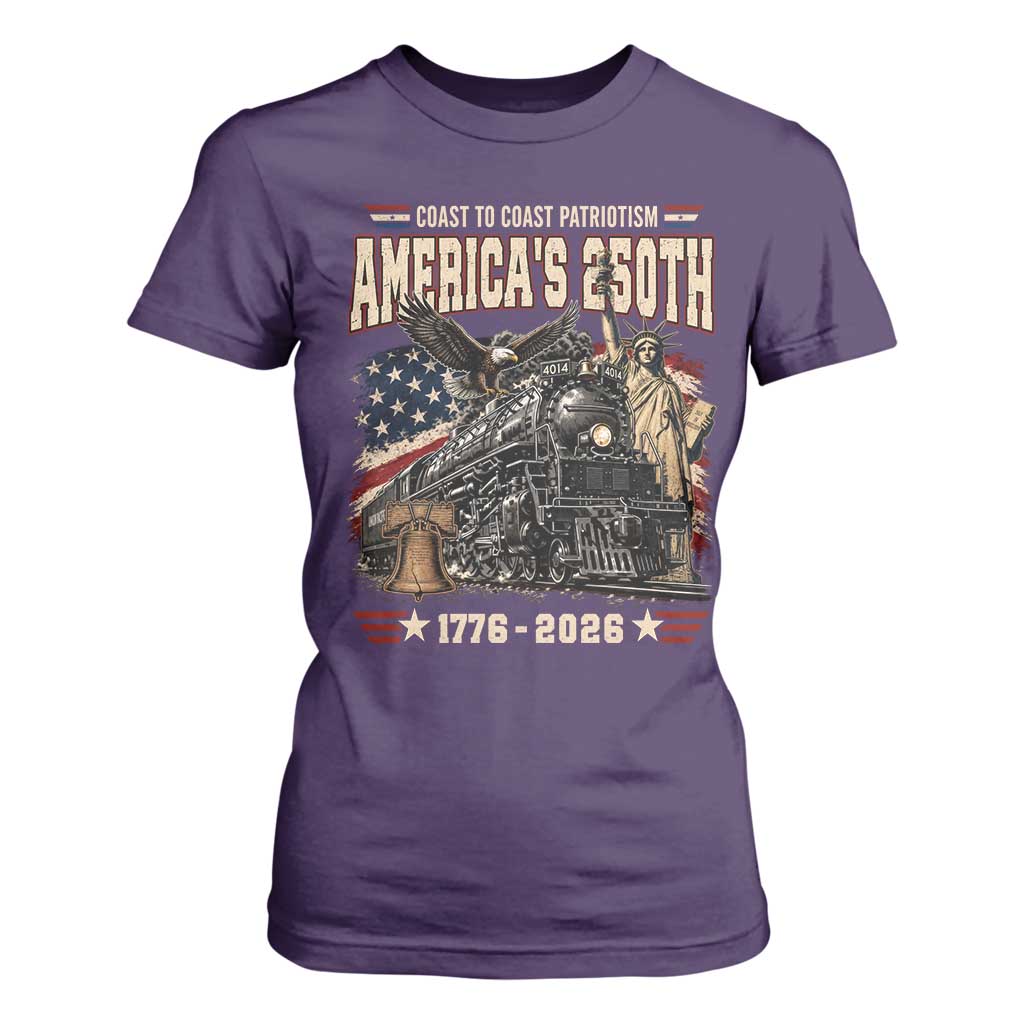 Steam Locomotive Train USA 250th Anniversary T Shirt For Women Coast To Coast Patriotism Liberty American Flag TS11 Purple Print Your Wear
