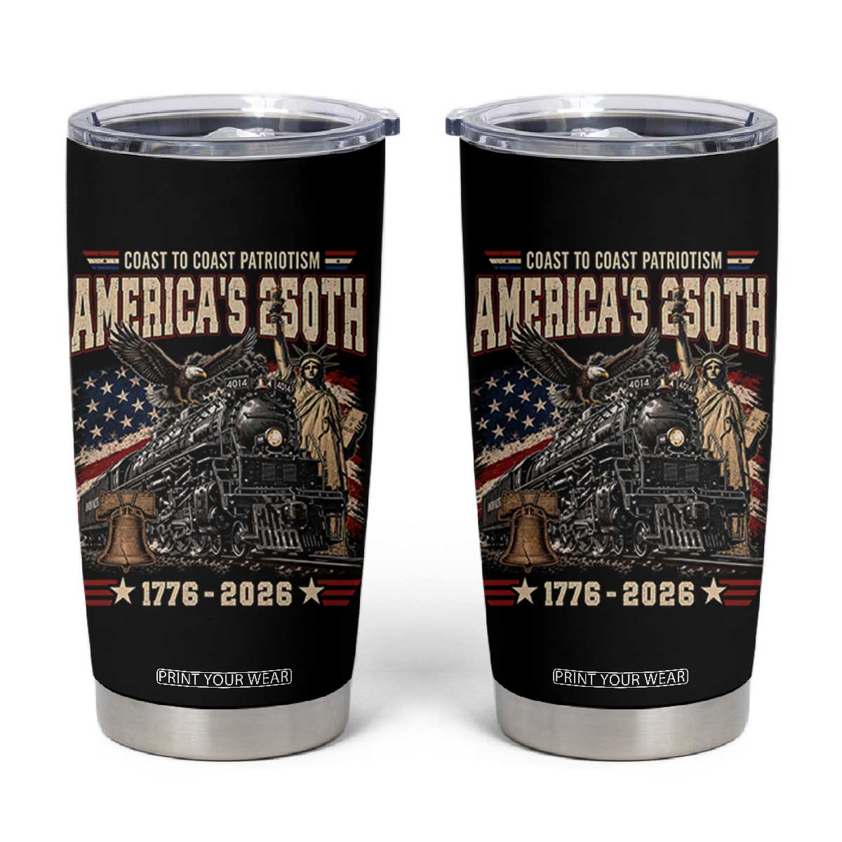 Steam Locomotive Train USA 250th Anniversary Tumbler Cup Coast To Coast Patriotism Liberty American Flag TS11 Black Print Your Wear