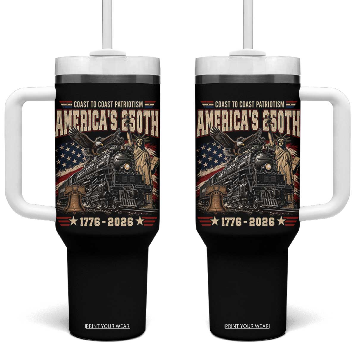 Steam Locomotive Train USA 250th Anniversary Tumbler With Handle Coast To Coast Patriotism Liberty American Flag TS11 One Size: 40 oz Black Print Your Wear