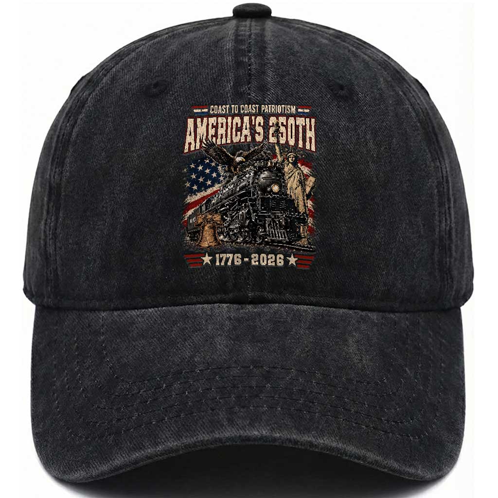 Steam Locomotive Train USA 250th Anniversary Washed Cotton Baseball Cap Coast To Coast Patriotism Liberty American Flag TS11 Print Your Wear