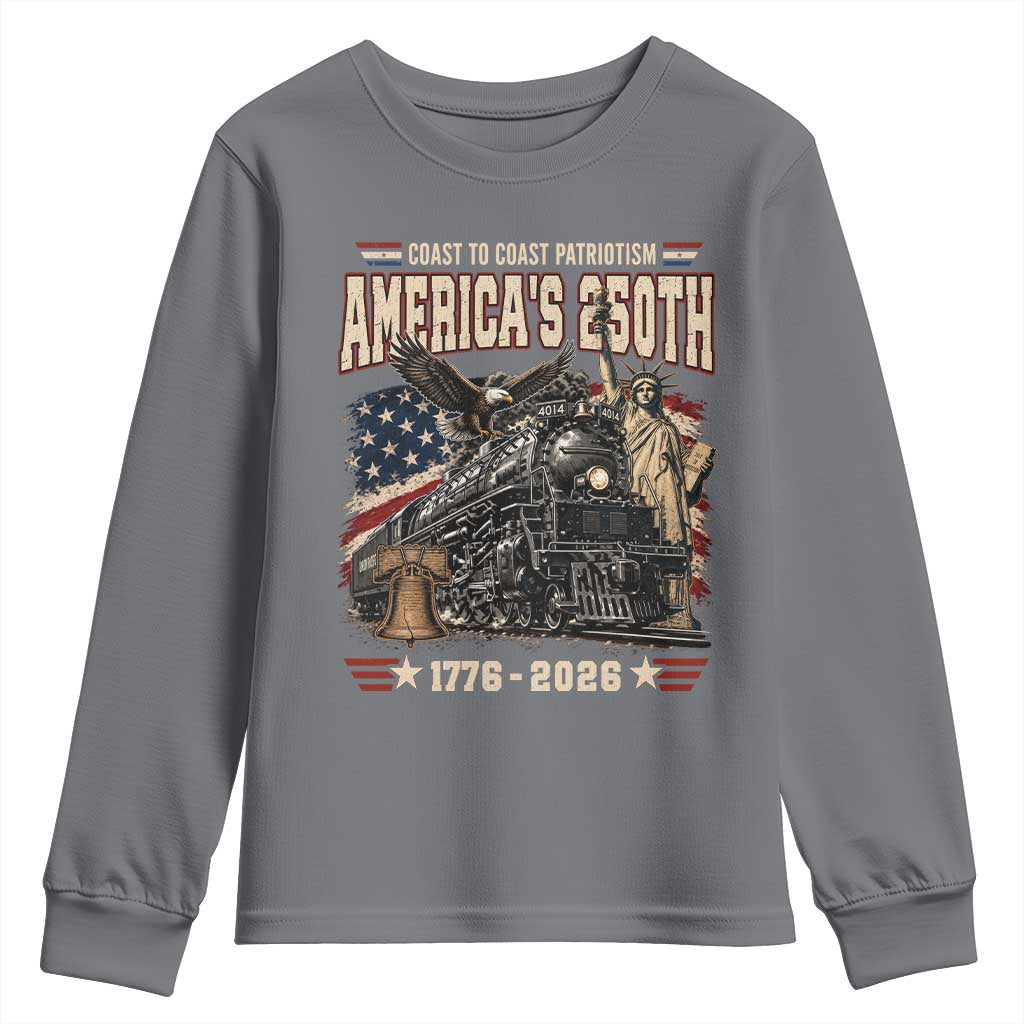 Steam Locomotive Train USA 250th Anniversary Youth Sweatshirt Coast To Coast Patriotism Liberty American Flag TS11 Charcoal Print Your Wear