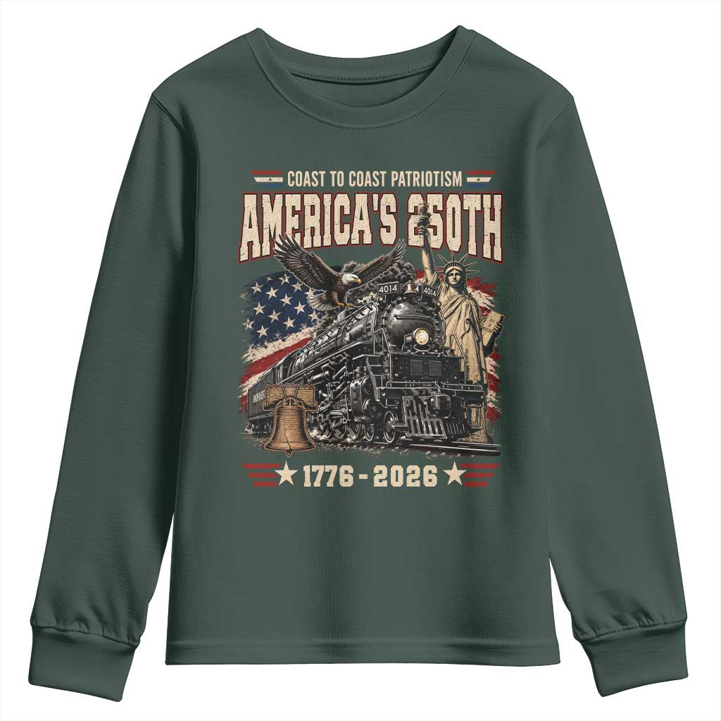 Steam Locomotive Train USA 250th Anniversary Youth Sweatshirt Coast To Coast Patriotism Liberty American Flag TS11 Dark Forest Green Print Your Wear