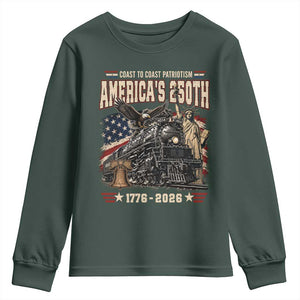 Steam Locomotive Train USA 250th Anniversary Youth Sweatshirt Coast To Coast Patriotism Liberty American Flag TS11 Dark Forest Green Print Your Wear
