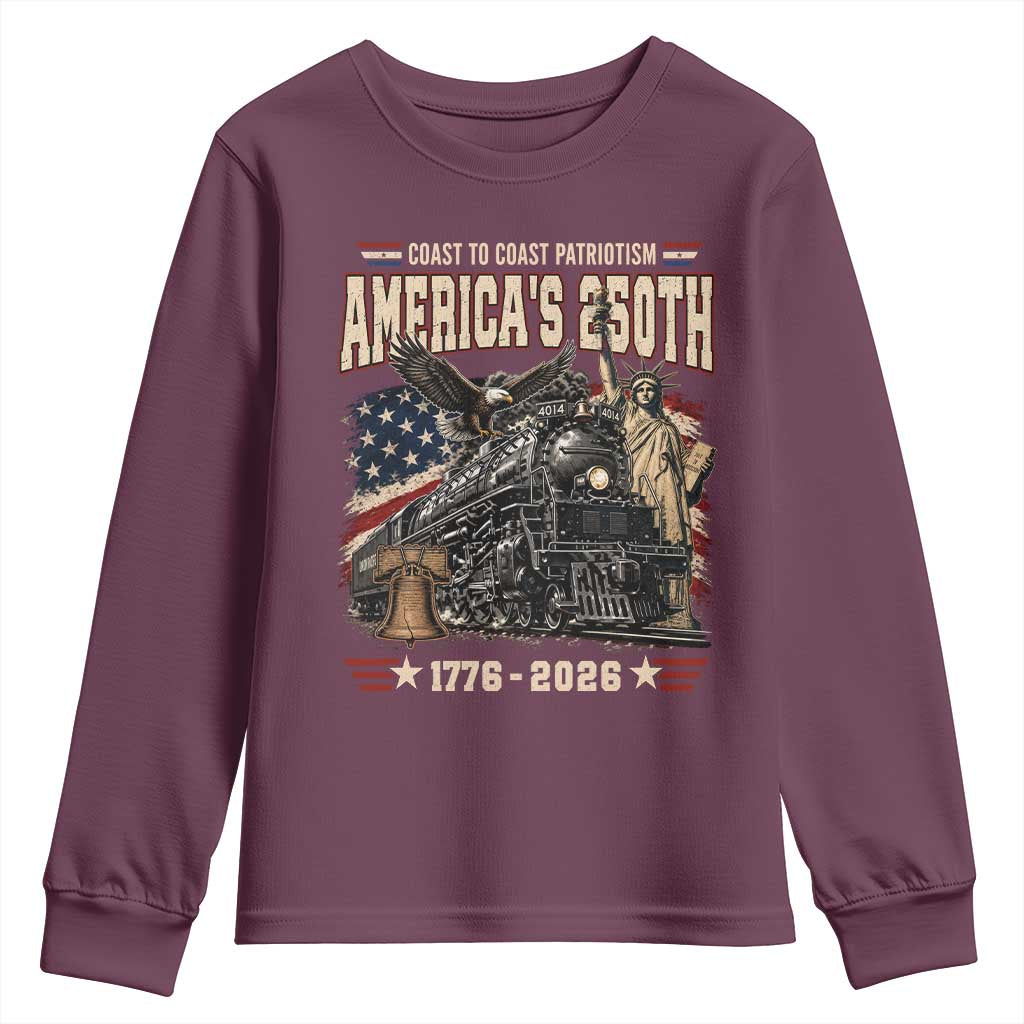 Steam Locomotive Train USA 250th Anniversary Youth Sweatshirt Coast To Coast Patriotism Liberty American Flag TS11 Maroon Print Your Wear