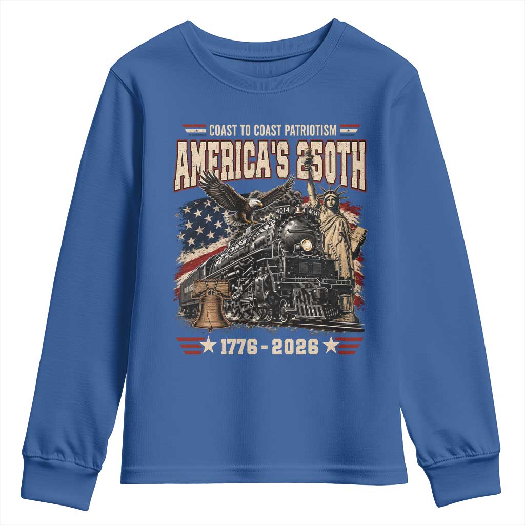 Steam Locomotive Train USA 250th Anniversary Youth Sweatshirt Coast To Coast Patriotism Liberty American Flag TS11 Royal Blue Print Your Wear
