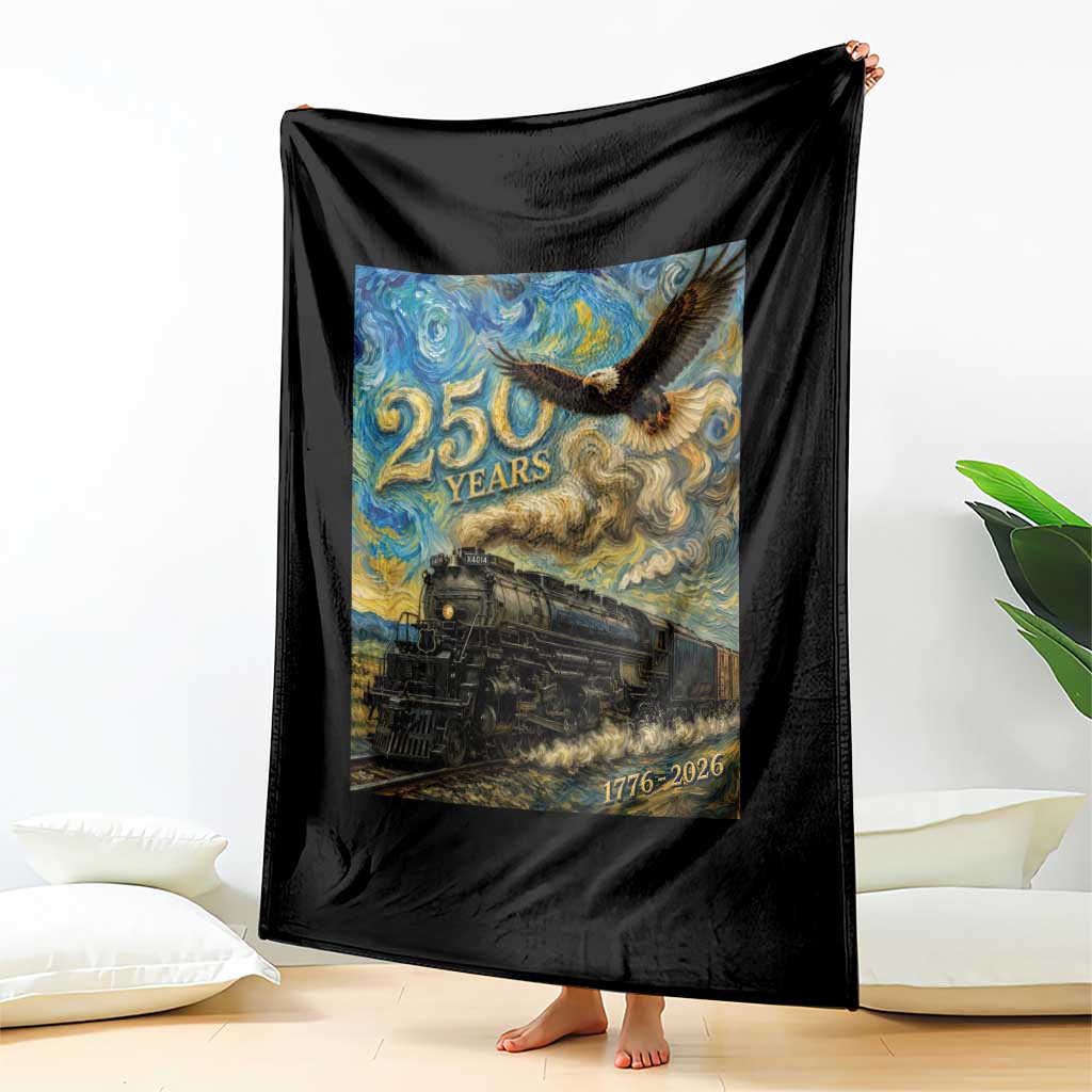 Train USA 250 Year Anniversary 1776 2026 Throw Blanket Van Gogh Art Steam Locomotive Railroad Starry Night