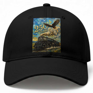 Train USA 250 Year Anniversary 1776 2026 Baseball Cap Van Gogh Art Steam Locomotive Railroad Starry Night