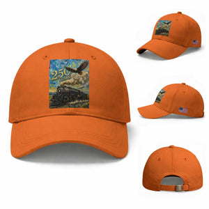 Train USA 250 Year Anniversary 1776 2026 Baseball Cap Van Gogh Art Steam Locomotive Railroad Starry Night