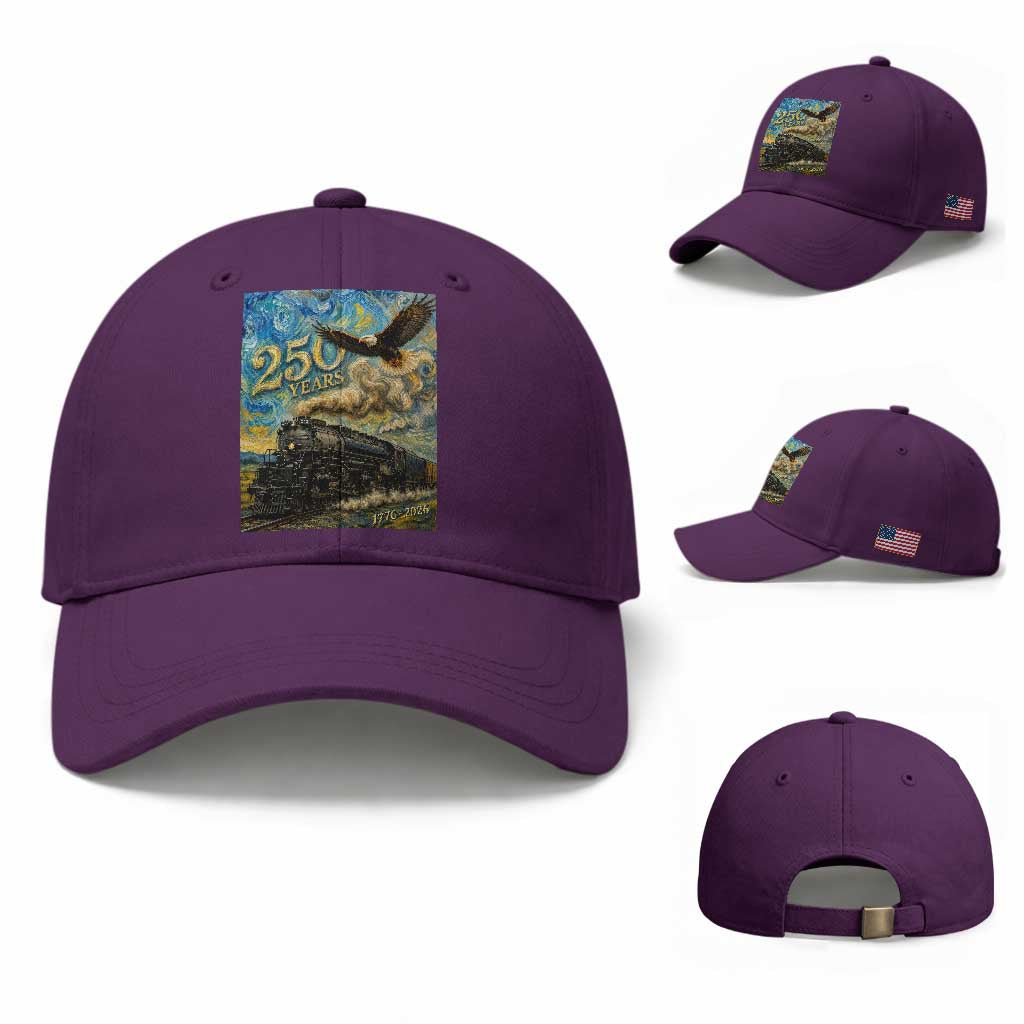 Train USA 250 Year Anniversary 1776 2026 Baseball Cap Van Gogh Art Steam Locomotive Railroad Starry Night