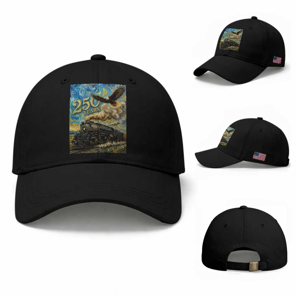 Train USA 250 Year Anniversary 1776 2026 Baseball Cap Van Gogh Art Steam Locomotive Railroad Starry Night