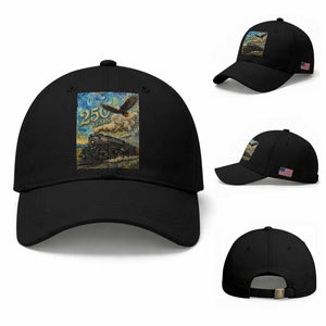 Train USA 250 Year Anniversary 1776 2026 Baseball Cap Van Gogh Art Steam Locomotive Railroad Starry Night