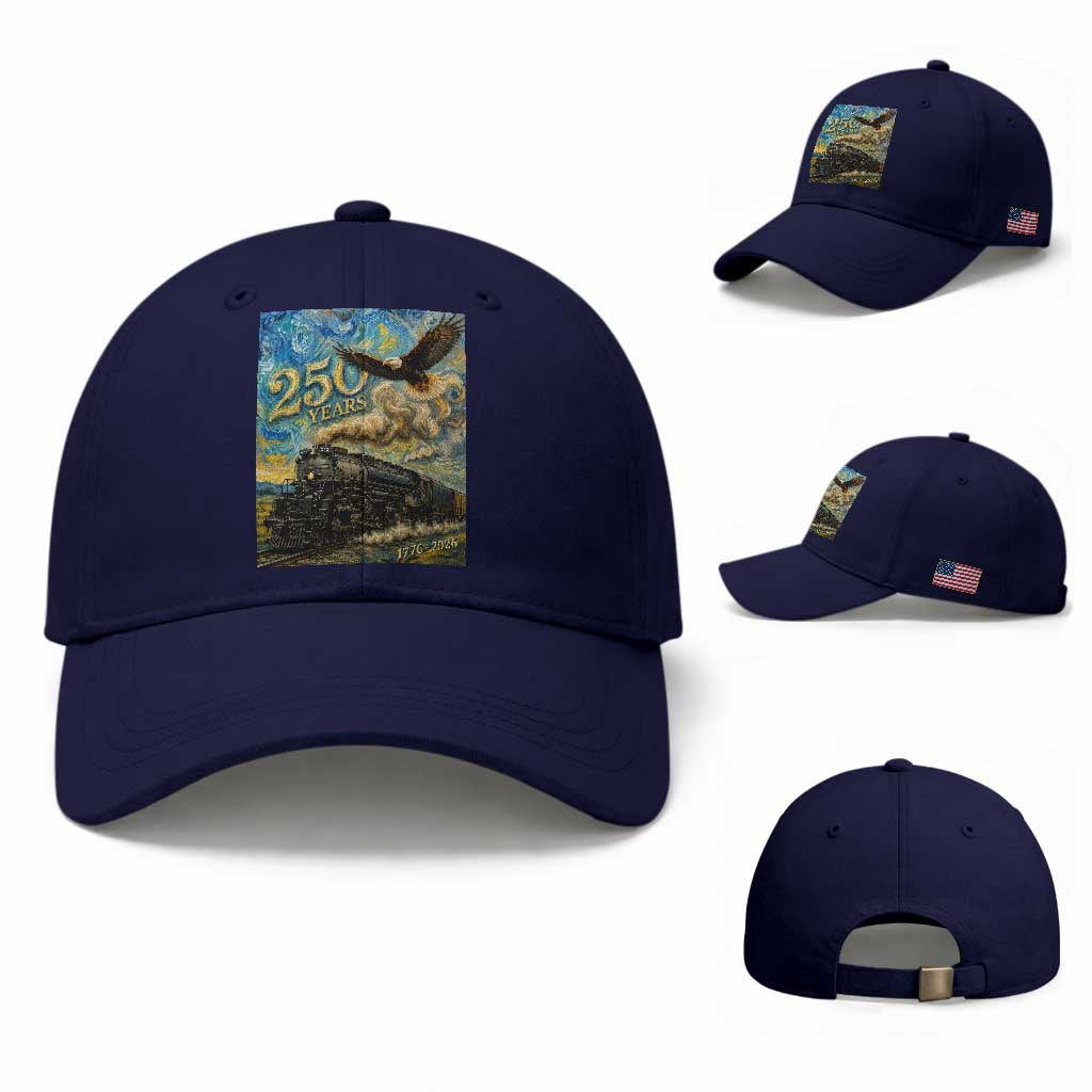 Train USA 250 Year Anniversary 1776 2026 Baseball Cap Van Gogh Art Steam Locomotive Railroad Starry Night