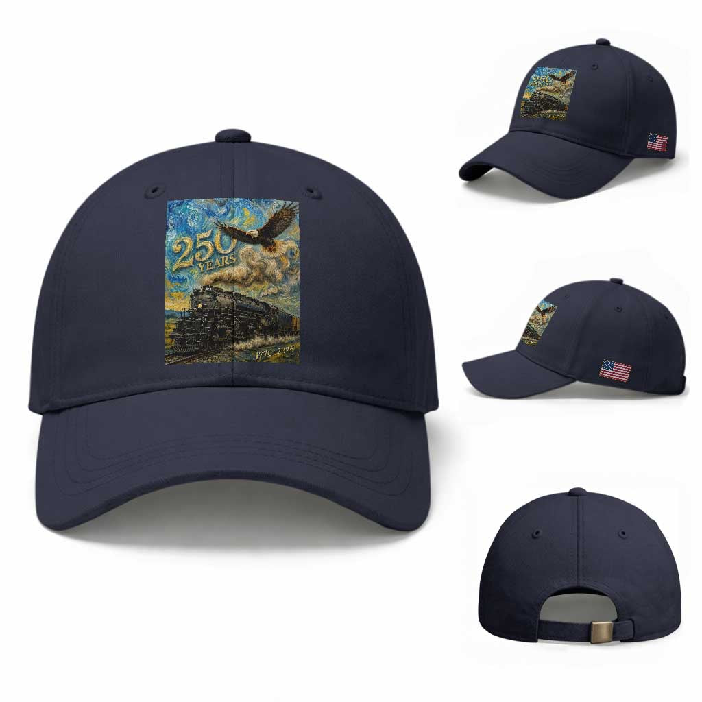 Train USA 250 Year Anniversary 1776 2026 Baseball Cap Van Gogh Art Steam Locomotive Railroad Starry Night