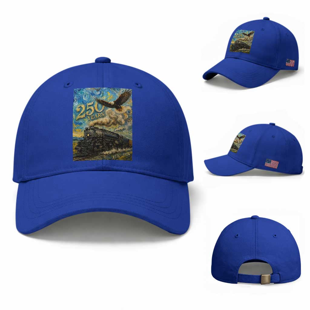 Train USA 250 Year Anniversary 1776 2026 Baseball Cap Van Gogh Art Steam Locomotive Railroad Starry Night