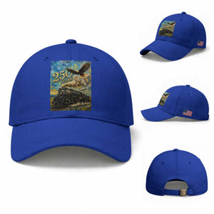 Train USA 250 Year Anniversary 1776 2026 Baseball Cap Van Gogh Art Steam Locomotive Railroad Starry Night