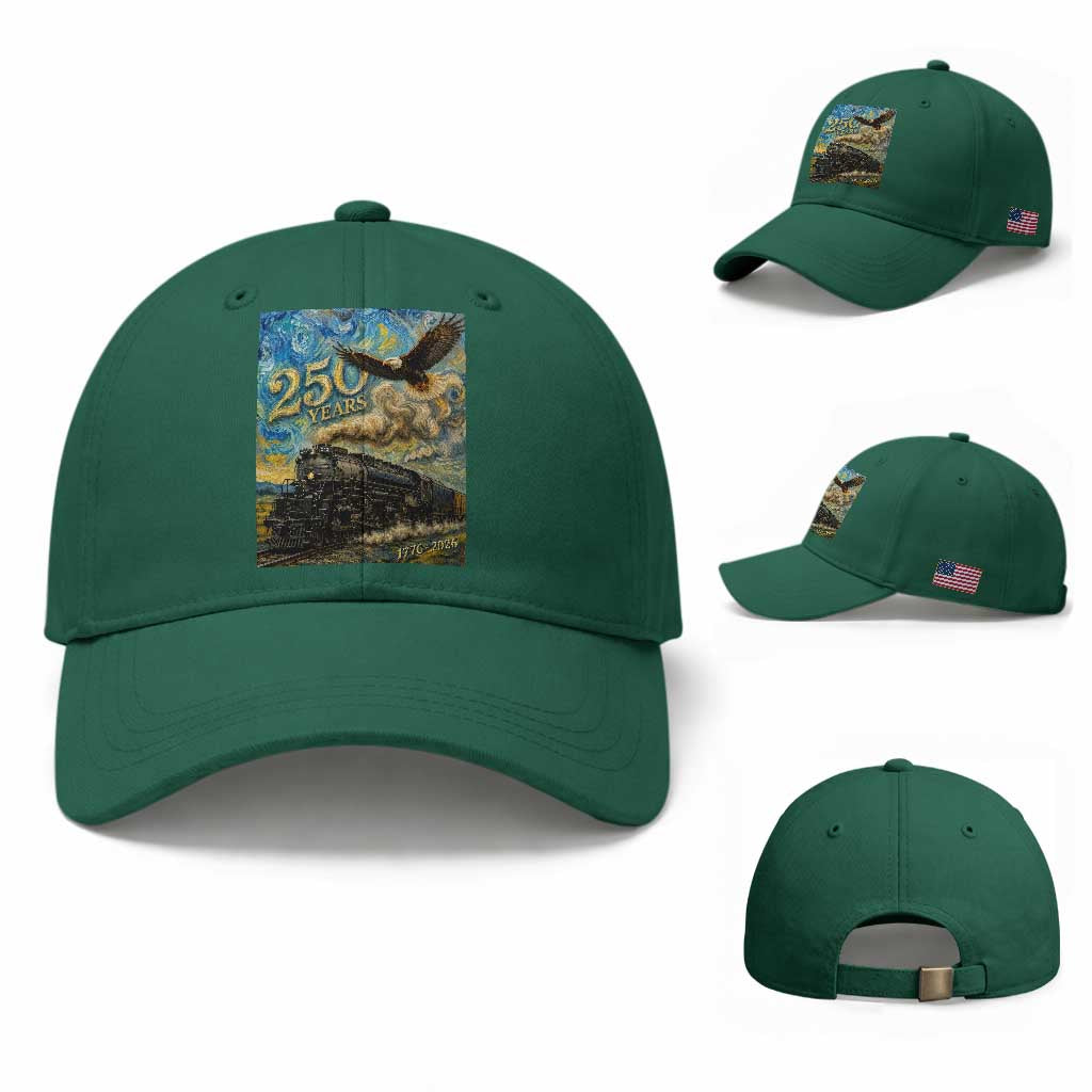Train USA 250 Year Anniversary 1776 2026 Baseball Cap Van Gogh Art Steam Locomotive Railroad Starry Night