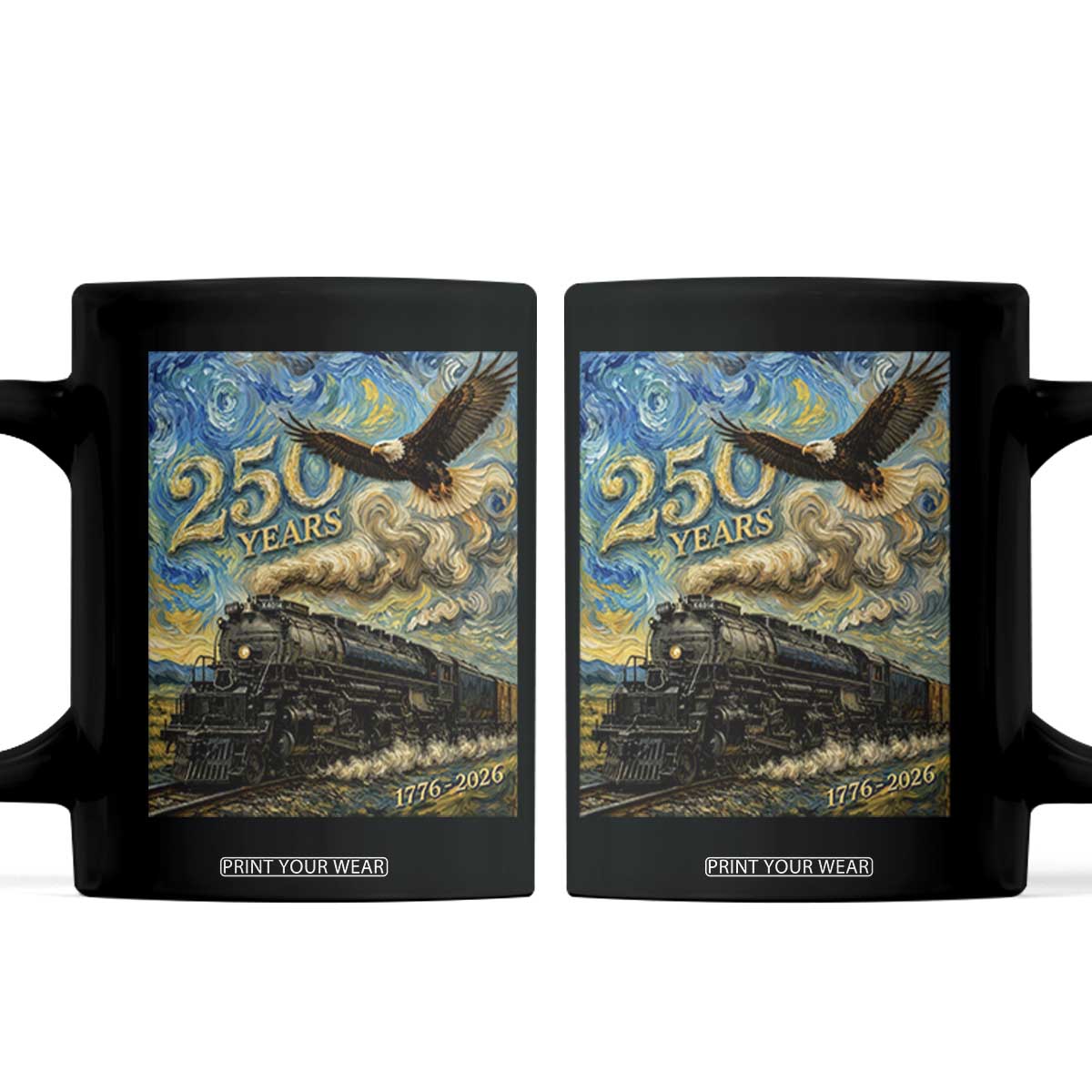 Train USA 250 Year Anniversary 1776 2026 Coffee Mug Van Gogh Art Steam Locomotive Railroad Starry Night TS11 Black Print Your Wear