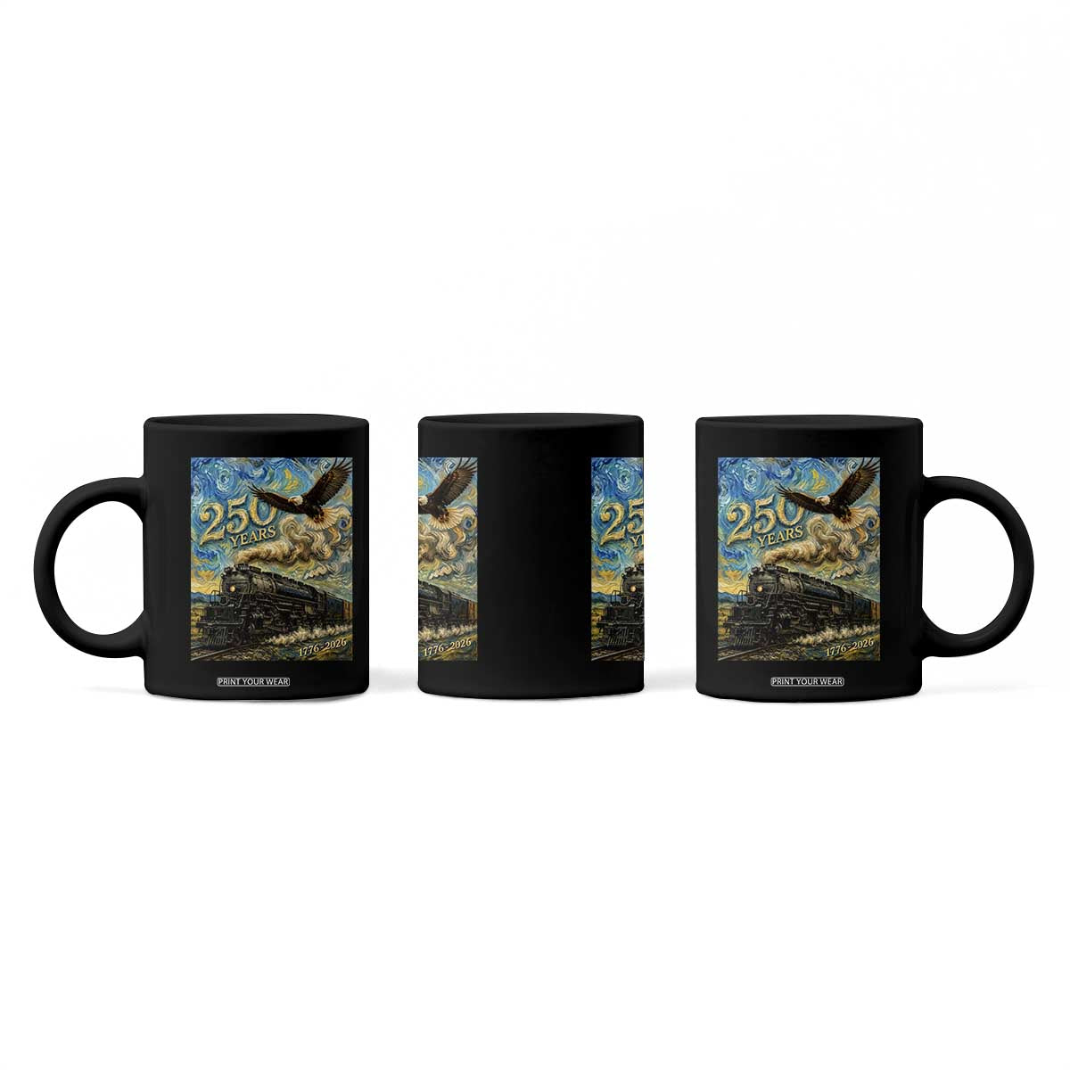 Train USA 250 Year Anniversary 1776 2026 Coffee Mug Van Gogh Art Steam Locomotive Railroad Starry Night