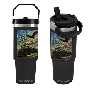 Train USA 250 Year Anniversary 1776 2026 Flip Straw Tumbler Van Gogh Art Steam Locomotive Railroad Starry Night