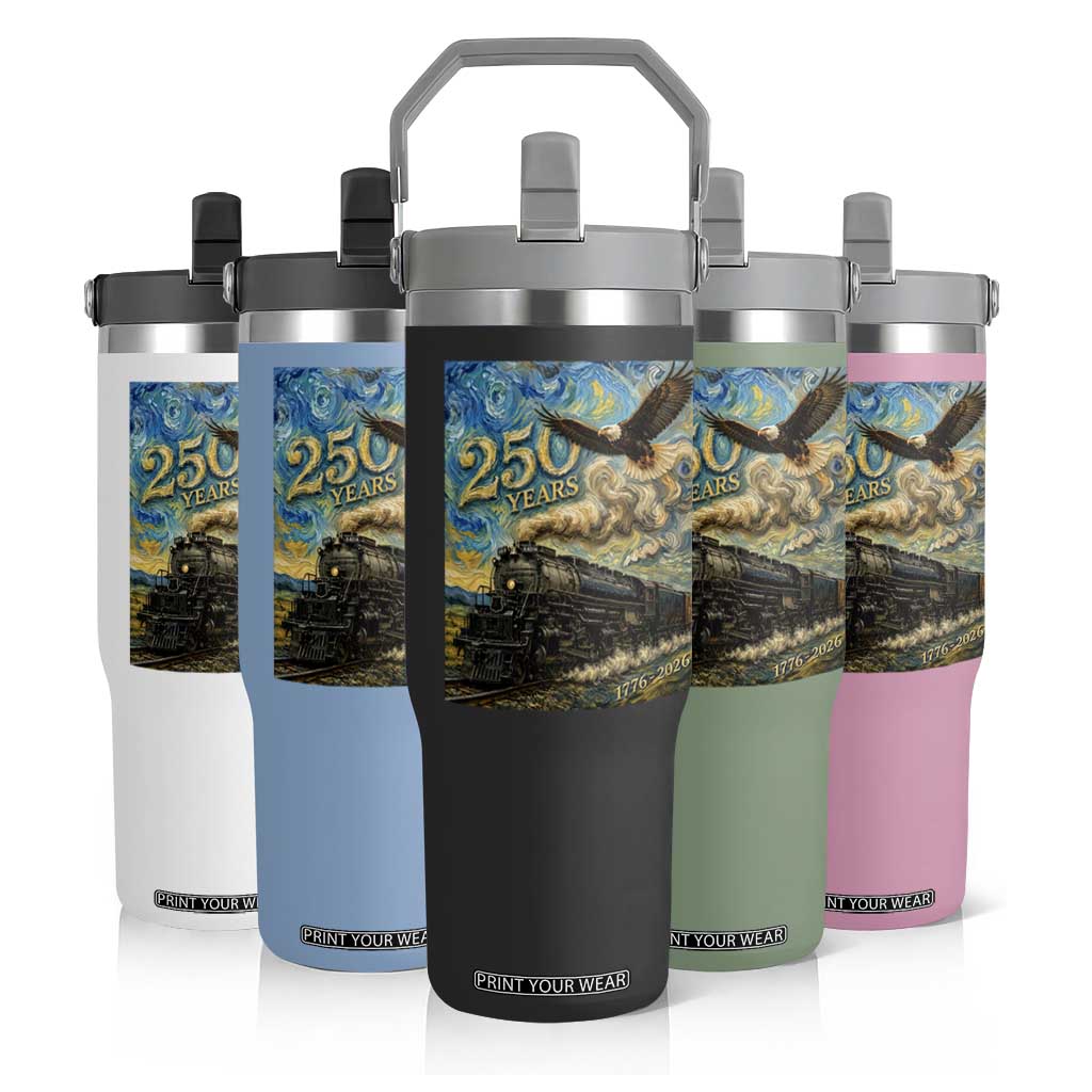 Train USA 250 Year Anniversary 1776 2026 Flip Straw Tumbler Van Gogh Art Steam Locomotive Railroad Starry Night