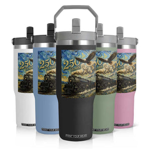 Train USA 250 Year Anniversary 1776 2026 Flip Straw Tumbler Van Gogh Art Steam Locomotive Railroad Starry Night
