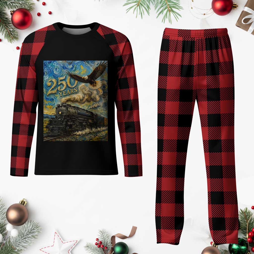 Train USA 250 Year Anniversary 1776 2026 Plaid Pajama Set Van Gogh Art Steam Locomotive Railroad Starry Night