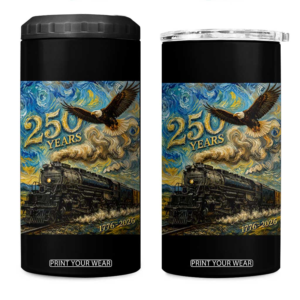 Train USA 250 Year Anniversary 1776 2026 4 in 1 Can Cooler Tumbler Van Gogh Art Steam Locomotive Railroad Starry Night TS11 One Size: 16 oz Black Print Your Wear